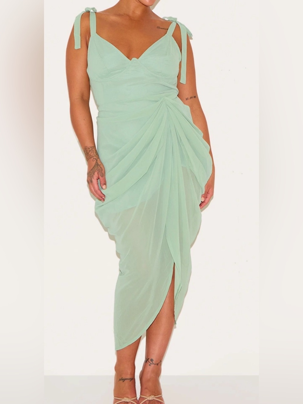 PrettyLittleThing Mint Tie-Shoulder Asymmetrical Draped Midi Dress